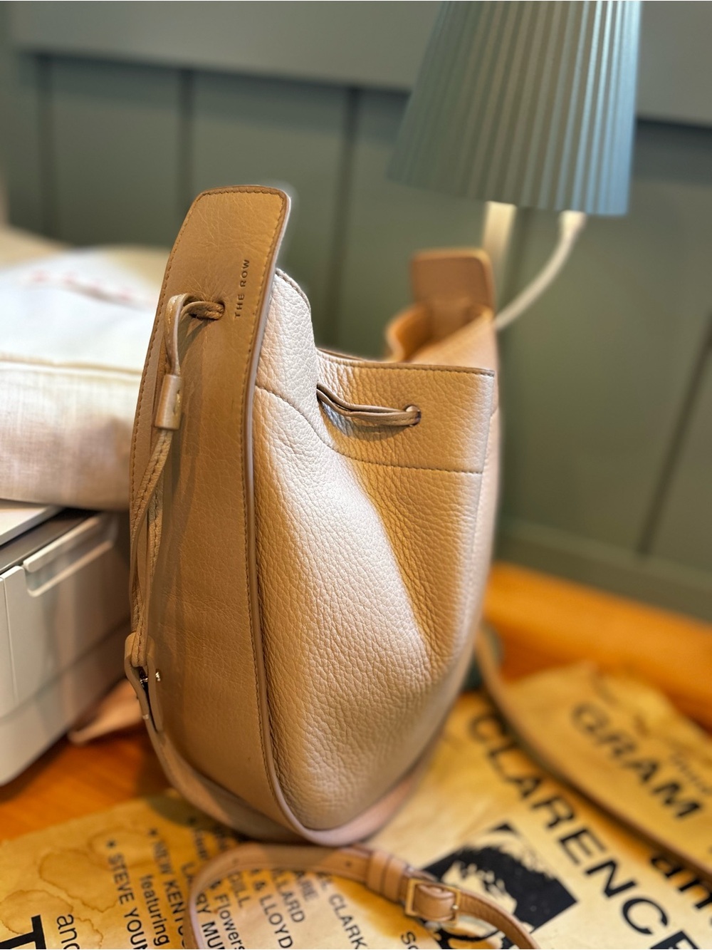 The Row Pebbled Leather Drawstring Bucket Bag Taupe Greige Crossbody VGUC - Picture 11 of 14
